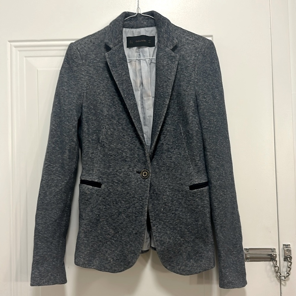 ZARA Wool Padded Shoulder Blazer in Grey Size S